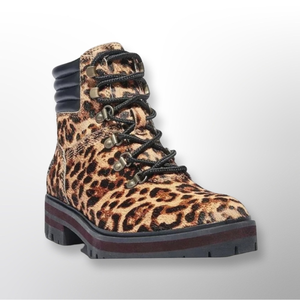 Timberland London Square Cheetah Print
Calf Hair Lug Sole Block Combat Boots 8